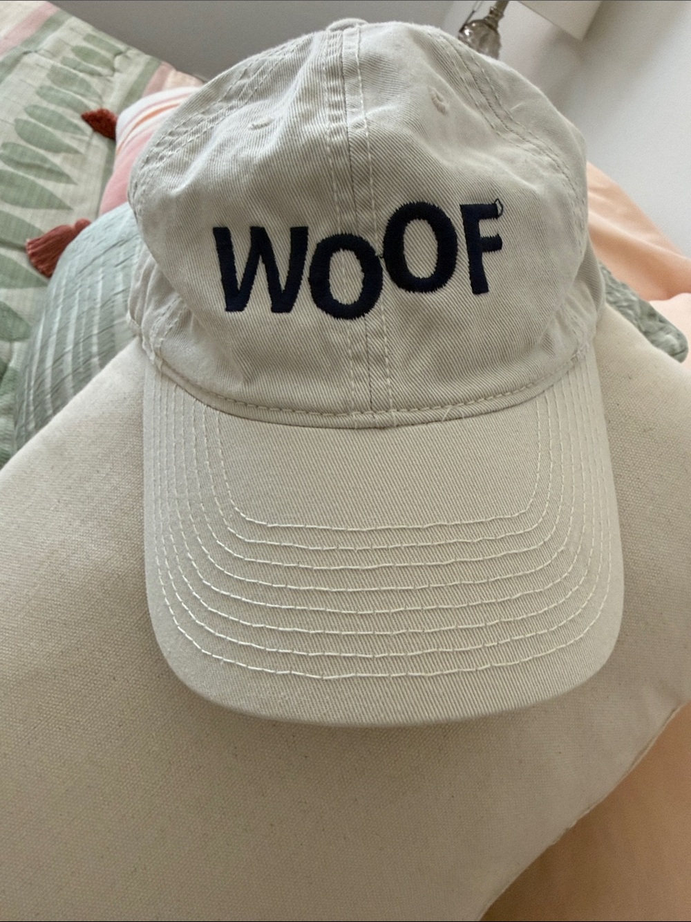 Champion Cream Cap with Navy "WOOF" Embroidery